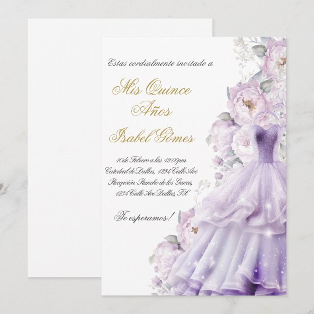 Quinceanera-inbjudan på spanska con vestido inbjudningar (Fram/baksida)