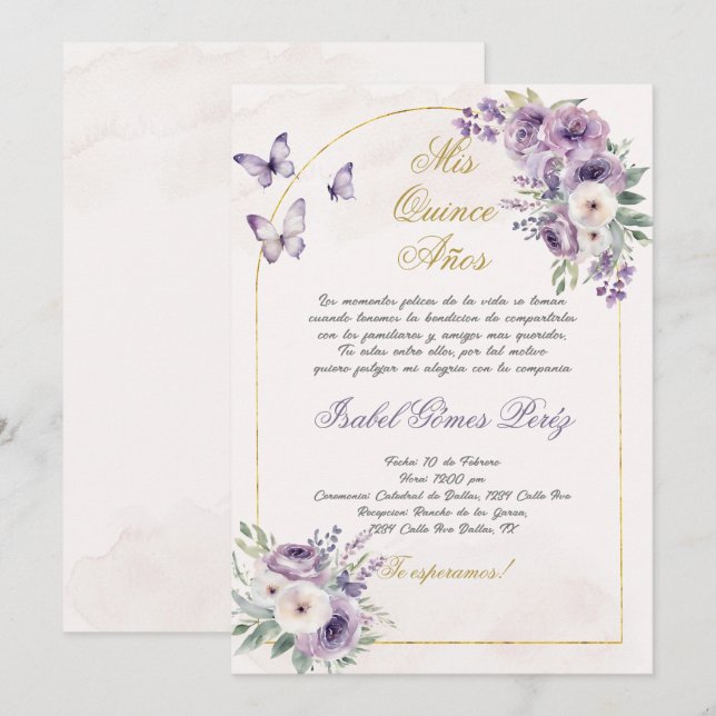 Quinceanera-inbjudan på spanska inbjudningar (Fram/baksida)