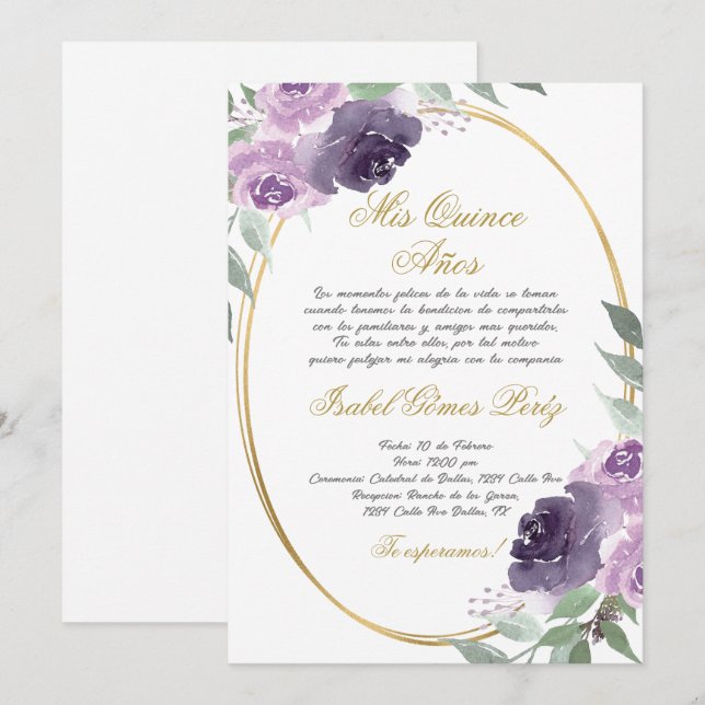 Quinceanera-inbjudan på spanska inbjudningar (Fram/baksida)