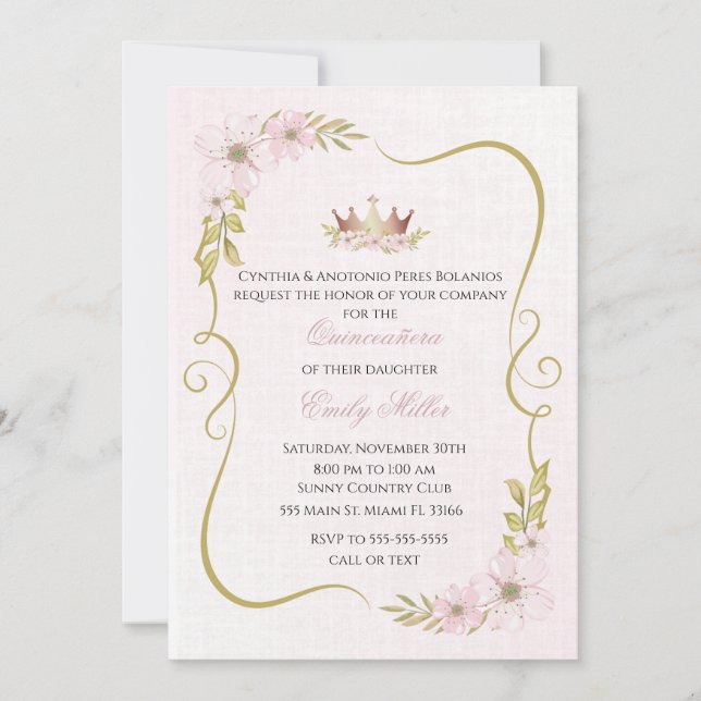 Quinceañera-inbjudan prinsessa rosabränd rosa inbjudningar (Framsida)