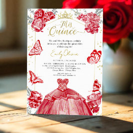 Quinceanera-inbjudan Red Dress Blommigt Gold Foil Inbjudningar