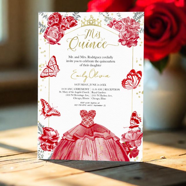 Quinceanera-inbjudan Red Dress Blommigt Gold Foil Inbjudningar (Skapare uppladdad)