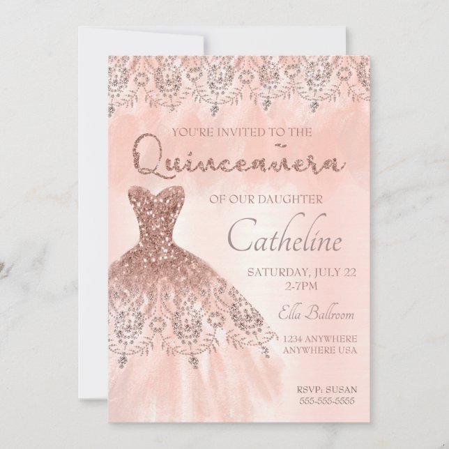 Quinceanera-inbjudan ro guld, 15-årsdag inbjudningar (Framsida)
