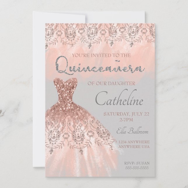 Quinceanera-inbjudan ro guld, 15-årsdag inbjudningar (Framsida)