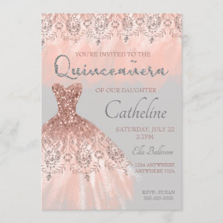 Quinceanera-inbjudan ro guld, 15-årsdag inbjudningar