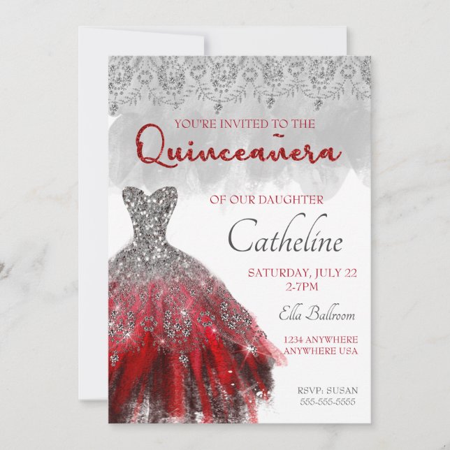 Quinceanera Inbjudan röd silver 15-årsdag (Framsida)