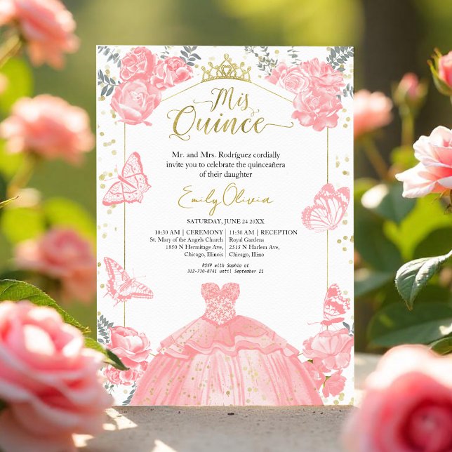 Quinceanera-inbjudan Rosa Dress Blommigt Gold Foil Inbjudningar (Skapare uppladdad)
