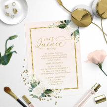 Quinceanera-inbjudan Rosa Gold Foil Blommigt
