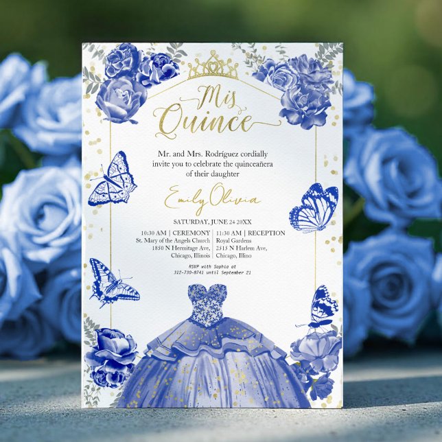 Quinceanera-inbjudan Royal Blue Dress-Blommigt Inbjudningar (Skapare uppladdad)