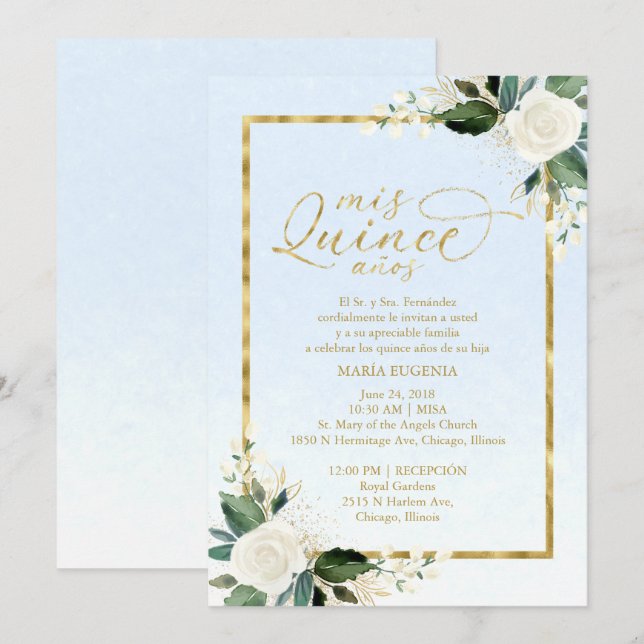 Quinceanera-inbjudan Spansk Blå Guld Folie Inbjudningar (Fram/baksida)