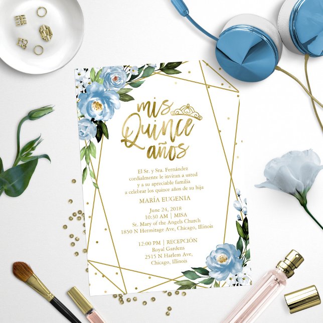 Quinceanera-inbjudan Spansk blå guldolja Inbjudningar (Skapare uppladdad)