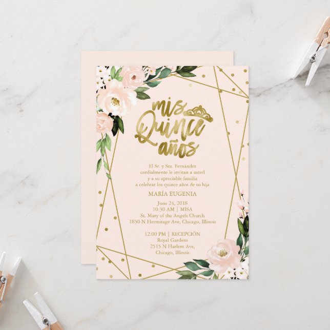 Quinceanera-inbjudan Spansk  guldolja Inbjudningar (Fram/Back In Situ)