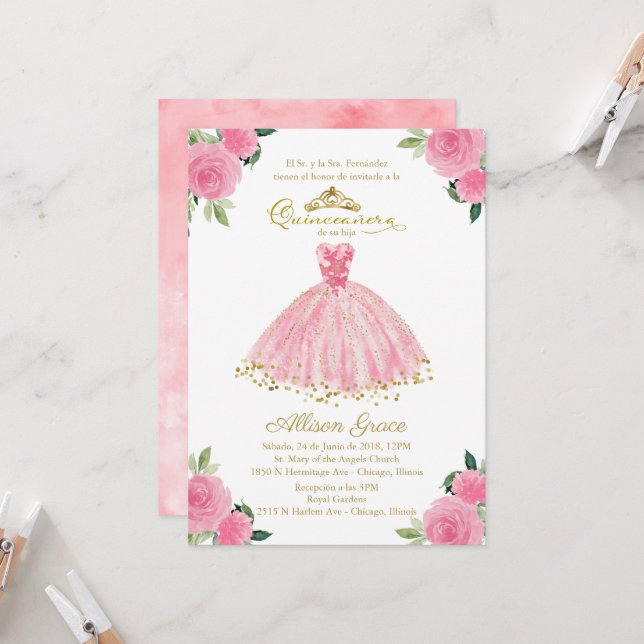 Quinceanera-inbjudan spansk het rosa klänning inbjudningar (Fram/Back In Situ)