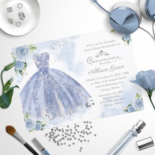 Quinceañera inbjudan spansk silver blå klänning (Skapare uppladdad)