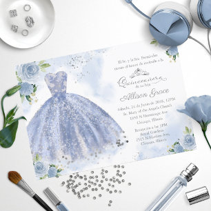 Quinceanera-inbjudan spanska Silver Blue Gown Inbjudningar
