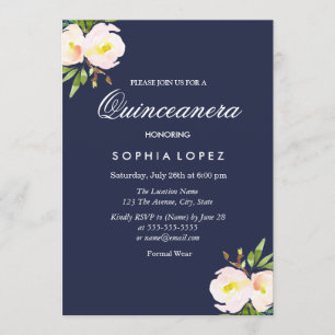 Quinceanera-inbjudan till Blommigt för marin blå E Inbjudningar