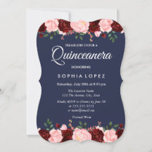 Quinceanera-inbjudan till Blommigten Blue Burgundy