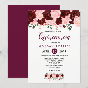 Quinceanera-inbjudan till Blommigten rosa & Burgun Inbjudningar