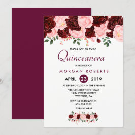 Quinceanera-inbjudan till Blommigten rosa & Burgun Inbjudningar