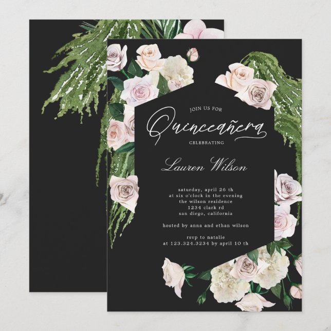 Quinceanera-inbjudan till den tropiska blommigten  inbjudningar (Fram/baksida)