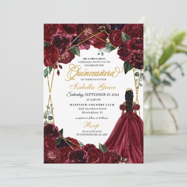 Quinceanera-inbjudan till elegant Burgundy & Guld  Inbjudningar (Stående Fram)