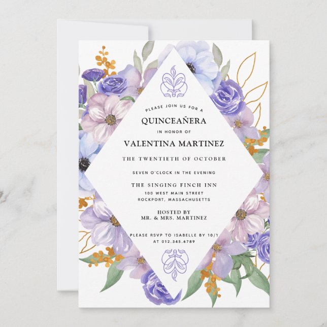 Quinceanera-inbjudan till elegant Lila Guld Blommi Inbjudningar (Framsida)