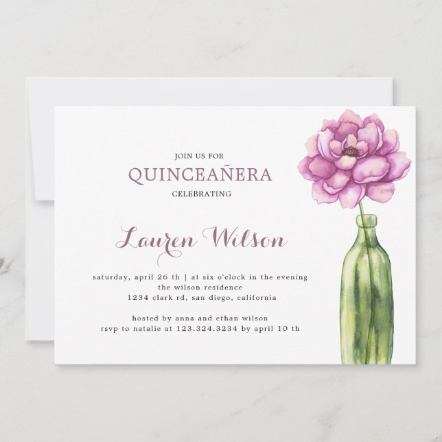 Quinceanera-inbjudan till elegant Rosa Blommigt Inbjudningar (Framsida)