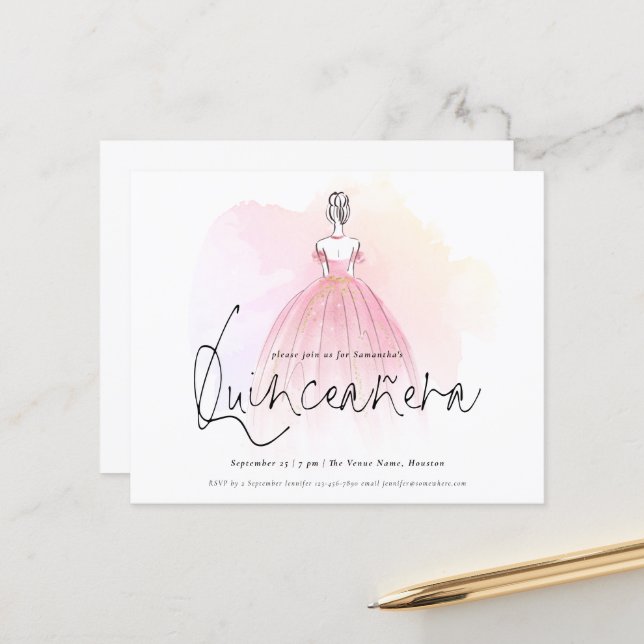 Quinceanera-inbjudan till Eleganten för budgetglam (Fram/Back In Situ)