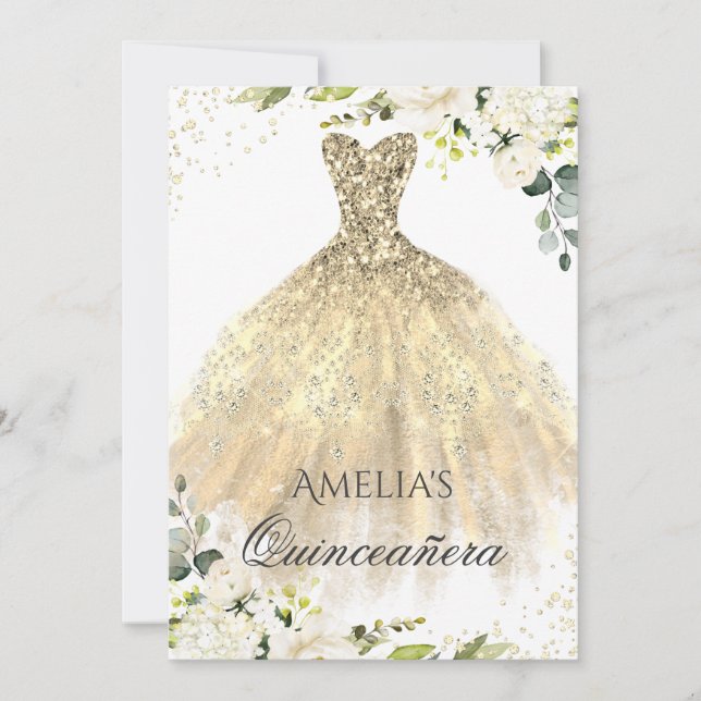Quinceanera-inbjudan till Gnistran Guld Dress Blom Inbjudningar (Framsida)