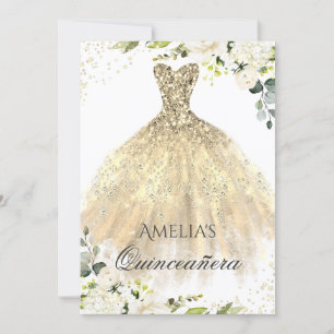 Quinceanera-inbjudan till Gnistran Guld Dress Blom Inbjudningar