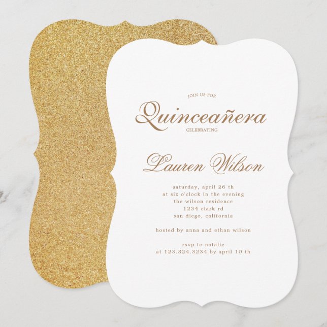 Quinceanera-inbjudan till guld och glitter inbjudningar (Fram/baksida)