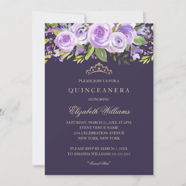 Quinceanera-inbjudan till Lavender Ro Blommigt Inbjudningar (Framsida)