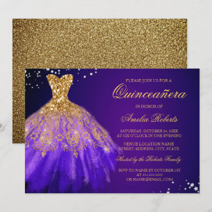 Quinceanera-inbjudan till lila Guld Gnistra Inbjudningar