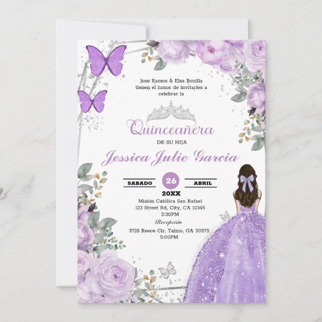 Quinceanera - Inbjudan till Lila Lilac-Blommigt (Framsida)