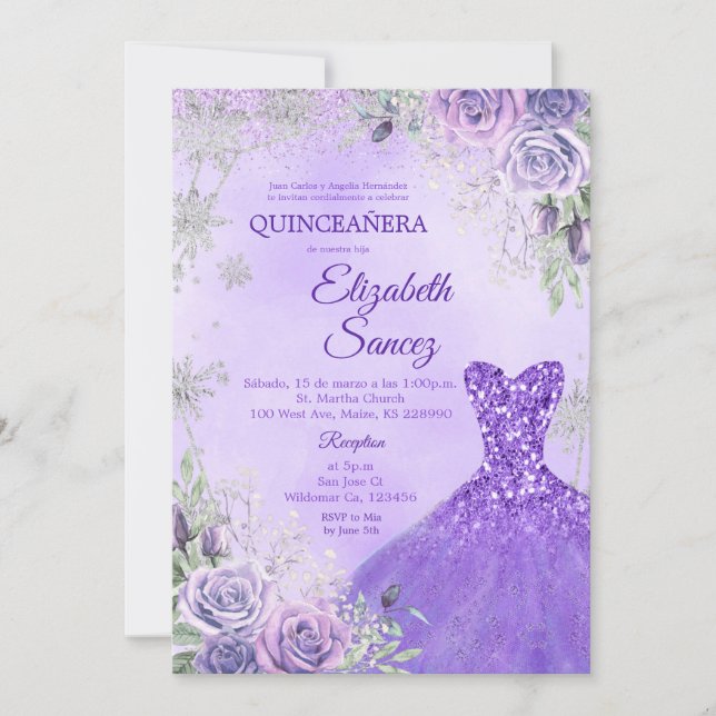 Quinceanera-inbjudan till lila och Silver Inbjudningar (Framsida)