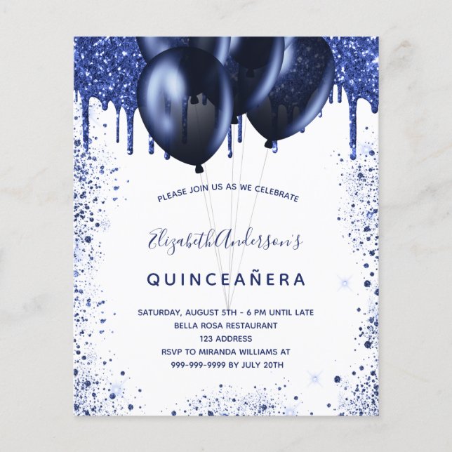 Quinceanera-inbjudan till marin vit budget flygblad (Framsidan)