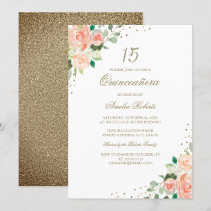 Quinceanera-inbjudan till Peach Ro Guld Blommigt Inbjudningar