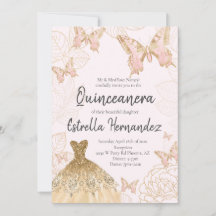 Quinceanera-inbjudan till rosa och Guld Butterfly
