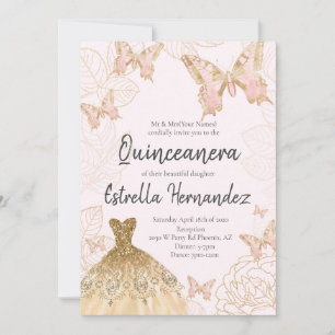 Quinceanera-inbjudan till rosa och Guld Butterfly Inbjudningar