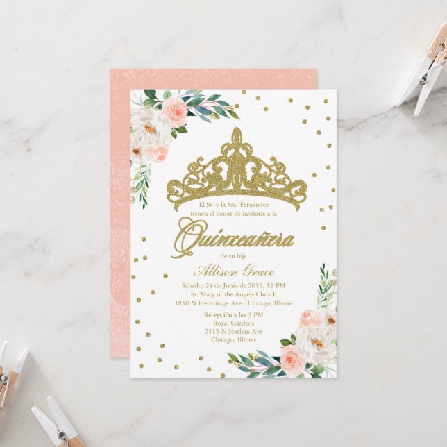 Quinceanera  inbjudan till spanska Guld Tiara (Fram/Back In Situ)
