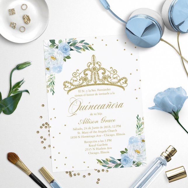 Quinceanera-inbjudan till spanska Guld Tiara Blue (Skapare uppladdad)