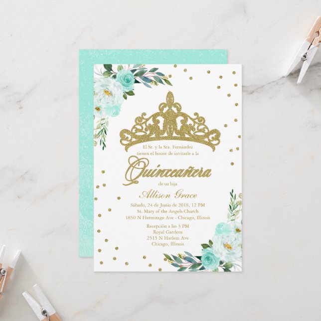 Quinceanera-inbjudan till spanska Guld Tiara Teal (Fram/Back In Situ)