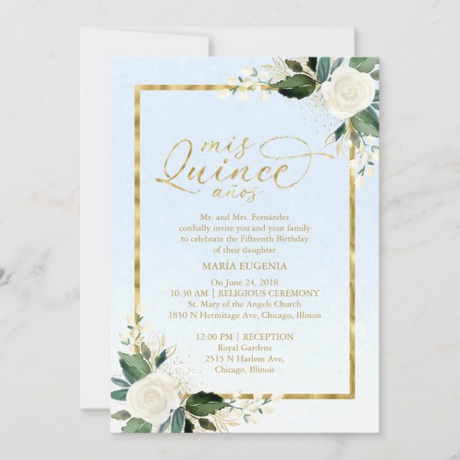 Quinceanera-inbjudan Tvåspråkig Blått Guld Folie Inbjudningar (Framsida)