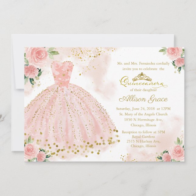 Quinceañera-inbjudan tvåspråkig rosa rodnad klänni inbjudningar (Framsida)