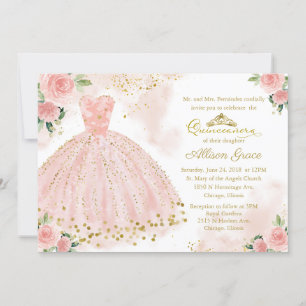 Quinceañera-inbjudan tvåspråkig rosa rodnad klänni inbjudningar