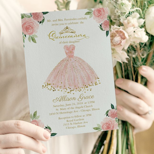 Quinceañera-inbjudan tvåspråkig rosa rodnad klänni inbjudningar (Skapare uppladdad)