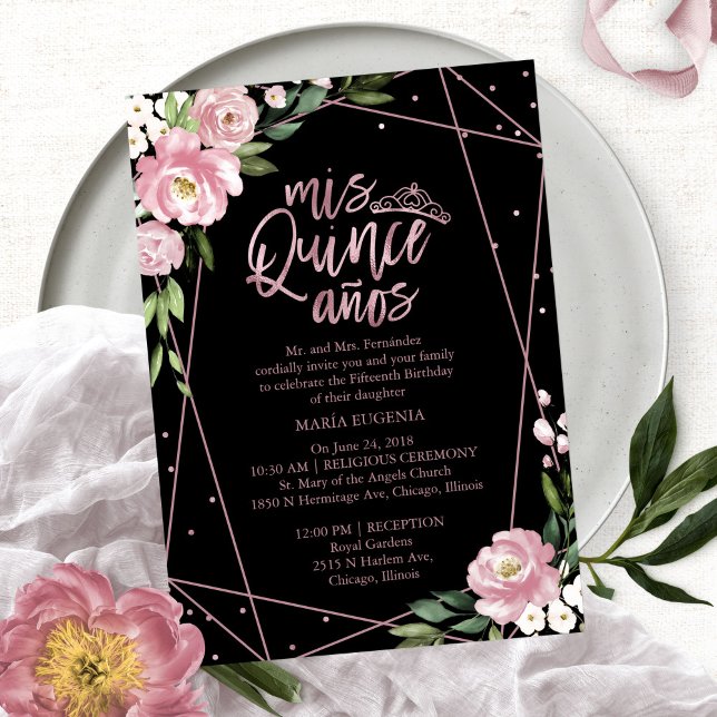 Quinceañera-inbjudan tvåspråkig rosa svart inbjudningar (Skapare uppladdad)