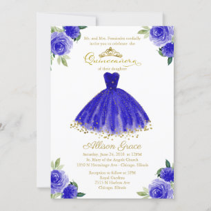 Quinceanera-inbjudan tvåspråkig Royal Blue klännin Inbjudningar