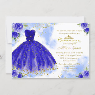 Quinceanera-inbjudan tvåspråkig Royal Blue klännin Inbjudningar
