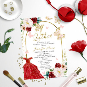Quinceanera-inbjudningar Fjäril Röd Spanska Inbjudningar